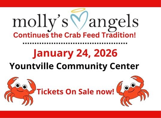 Flyer with a crab and information about Molly's Angels crab feed benefit fundraiser.