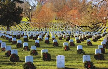 Wreaths across America wreath display at cemetery.