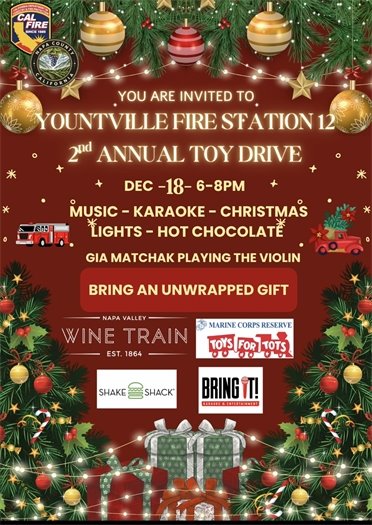 A festive flyer promoting Yountville Fire Station 12’s 2nd Annual Toy Drive on December 18 with holiday graphics and sponsor logos.