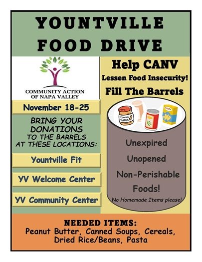 Holiday-themed graphic promoting the Yountville Food Drive with donation dates, locations, and list of needed items.