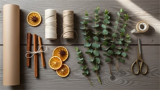 Natural gift-wrapping materials arranged on a table, including kraft paper, twine, dried orange slices, cinnamon sticks, eucalyptus branches, tape, and scissors.