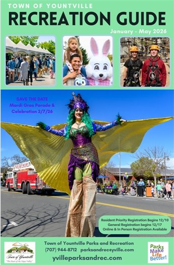 Cover of the Town of Yountville Recreation Guide featuring event photos and a costumed performer on stilts in a parade, with registration dates and contact information.