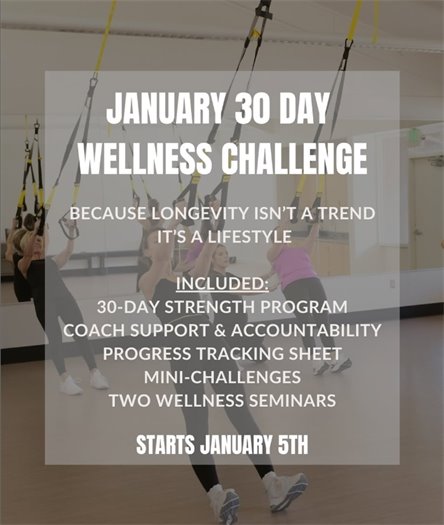 Graphic promoting a January 30-Day Wellness Challenge, showing a group fitness class using suspension straps, with text highlighting a 30-day strength program, coaching support, wellness seminars, and a January 5 start date.