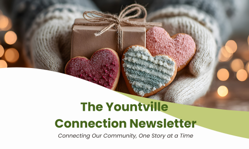 Gloved hands holding a wrapped gift and three heart-shaped cookies above the title “The Yountville C