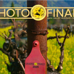 A vineyard post with a red tag reading “Photo Finale 2026,” set among yellow mustard flowers.