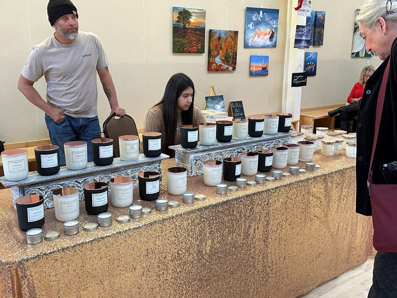 Handcrafted candles displayed by vendors at the Yountville Community Center.